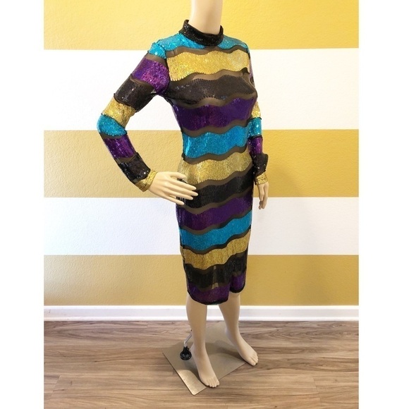 High Neck Colorful Striped Glitter Sexy Sequin Bodycon Clubwear Dress - Picture 3 of 9